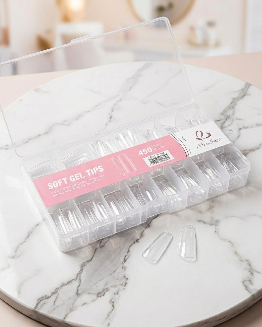 Soft Gel Tips 450pcs 15 Sizes in clear organiser box